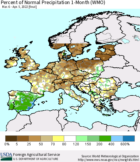 Europe Percent of Normal Precipitation 1-Month (WMO) Thematic Map For 3/6/2022 - 4/5/2022