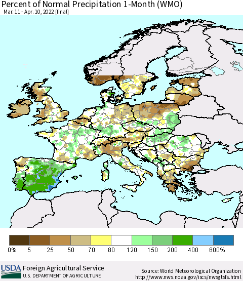 Europe Percent of Normal Precipitation 1-Month (WMO) Thematic Map For 3/11/2022 - 4/10/2022