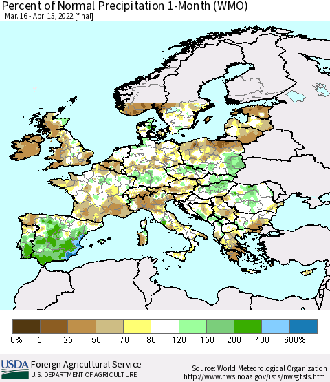 Europe Percent of Normal Precipitation 1-Month (WMO) Thematic Map For 3/16/2022 - 4/15/2022