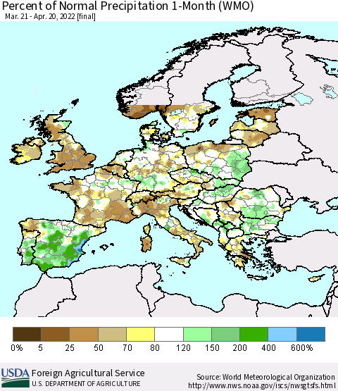 Europe Percent of Normal Precipitation 1-Month (WMO) Thematic Map For 3/21/2022 - 4/20/2022