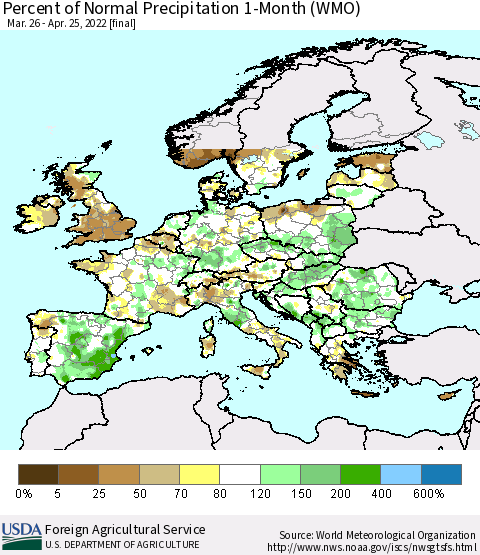 Europe Percent of Normal Precipitation 1-Month (WMO) Thematic Map For 3/26/2022 - 4/25/2022
