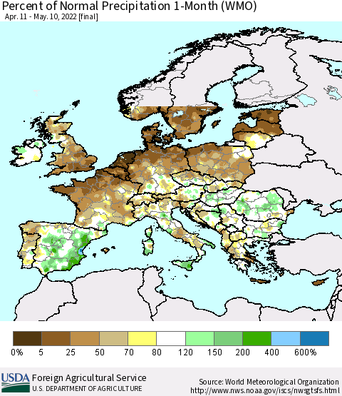 Europe Percent of Normal Precipitation 1-Month (WMO) Thematic Map For 4/11/2022 - 5/10/2022