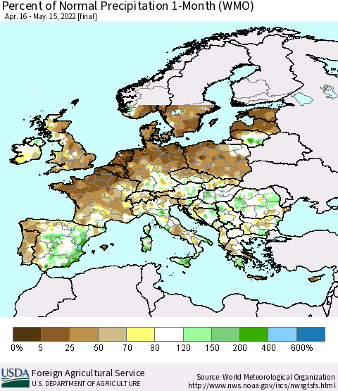 Europe Percent of Normal Precipitation 1-Month (WMO) Thematic Map For 4/16/2022 - 5/15/2022