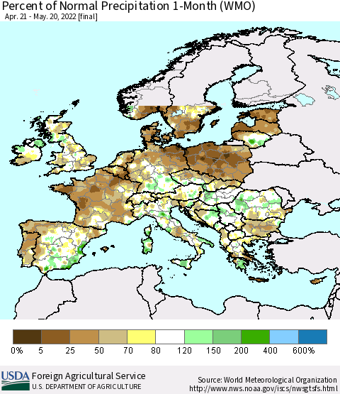 Europe Percent of Normal Precipitation 1-Month (WMO) Thematic Map For 4/21/2022 - 5/20/2022