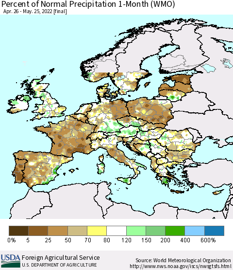 Europe Percent of Normal Precipitation 1-Month (WMO) Thematic Map For 4/26/2022 - 5/25/2022