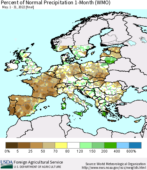 Europe Percent of Normal Precipitation 1-Month (WMO) Thematic Map For 5/1/2022 - 5/31/2022