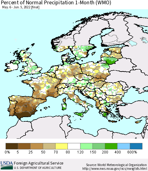 Europe Percent of Normal Precipitation 1-Month (WMO) Thematic Map For 5/6/2022 - 6/5/2022