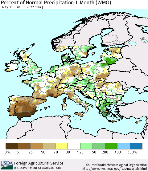 Europe Percent of Normal Precipitation 1-Month (WMO) Thematic Map For 5/11/2022 - 6/10/2022