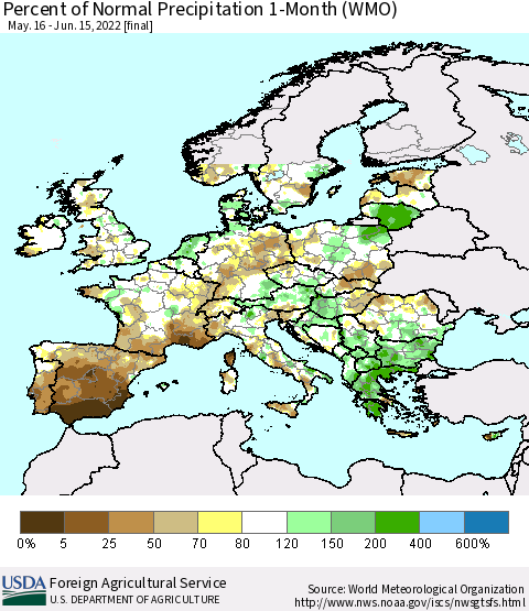 Europe Percent of Normal Precipitation 1-Month (WMO) Thematic Map For 5/16/2022 - 6/15/2022