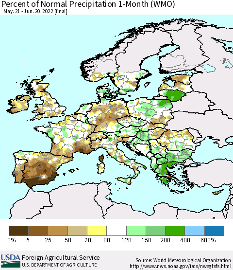 Europe Percent of Normal Precipitation 1-Month (WMO) Thematic Map For 5/21/2022 - 6/20/2022