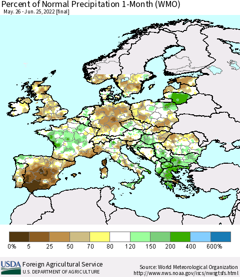 Europe Percent of Normal Precipitation 1-Month (WMO) Thematic Map For 5/26/2022 - 6/25/2022