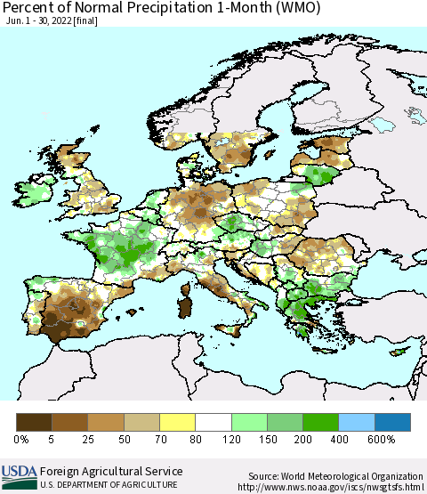 Europe Percent of Normal Precipitation 1-Month (WMO) Thematic Map For 6/1/2022 - 6/30/2022