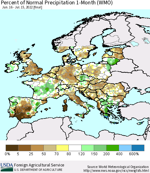Europe Percent of Normal Precipitation 1-Month (WMO) Thematic Map For 6/16/2022 - 7/15/2022