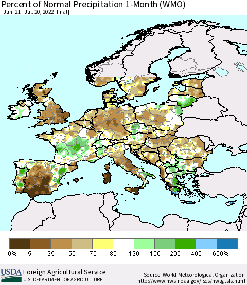 Europe Percent of Normal Precipitation 1-Month (WMO) Thematic Map For 6/21/2022 - 7/20/2022