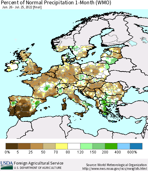 Europe Percent of Normal Precipitation 1-Month (WMO) Thematic Map For 6/26/2022 - 7/25/2022