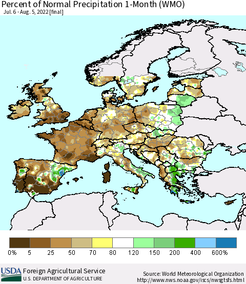 Europe Percent of Normal Precipitation 1-Month (WMO) Thematic Map For 7/6/2022 - 8/5/2022