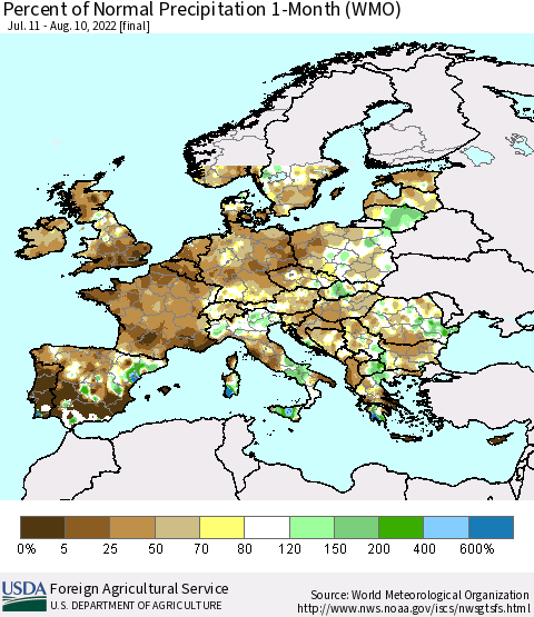 Europe Percent of Normal Precipitation 1-Month (WMO) Thematic Map For 7/11/2022 - 8/10/2022