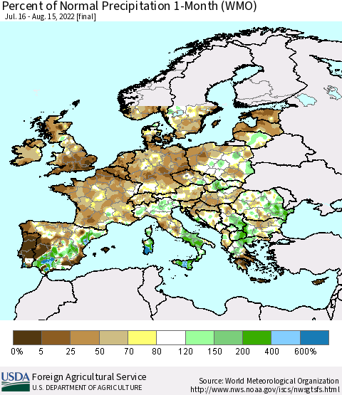Europe Percent of Normal Precipitation 1-Month (WMO) Thematic Map For 7/16/2022 - 8/15/2022