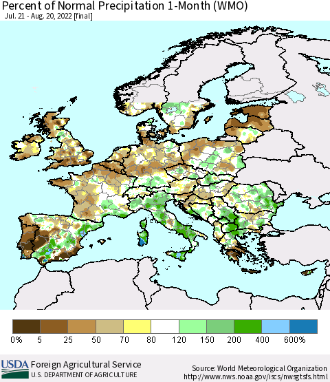 Europe Percent of Normal Precipitation 1-Month (WMO) Thematic Map For 7/21/2022 - 8/20/2022