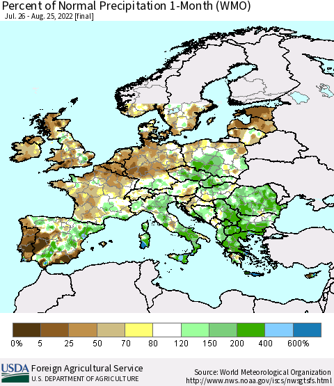 Europe Percent of Normal Precipitation 1-Month (WMO) Thematic Map For 7/26/2022 - 8/25/2022