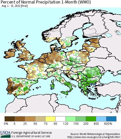 Europe Percent of Normal Precipitation 1-Month (WMO) Thematic Map For 8/1/2022 - 8/31/2022