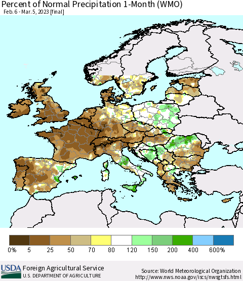 Europe Percent of Normal Precipitation 1-Month (WMO) Thematic Map For 2/6/2023 - 3/5/2023