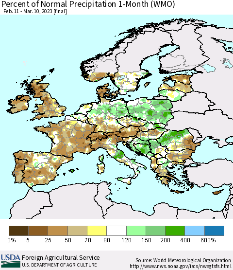 Europe Percent of Normal Precipitation 1-Month (WMO) Thematic Map For 2/11/2023 - 3/10/2023