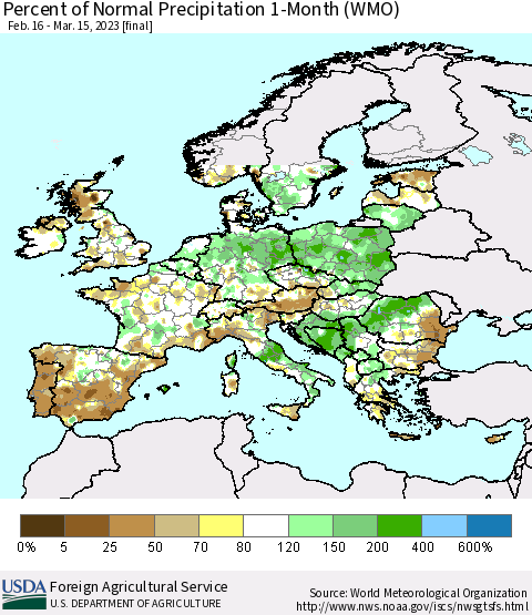 Europe Percent of Normal Precipitation 1-Month (WMO) Thematic Map For 2/16/2023 - 3/15/2023