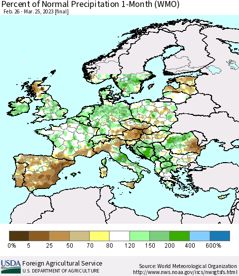 Europe Percent of Normal Precipitation 1-Month (WMO) Thematic Map For 2/26/2023 - 3/25/2023
