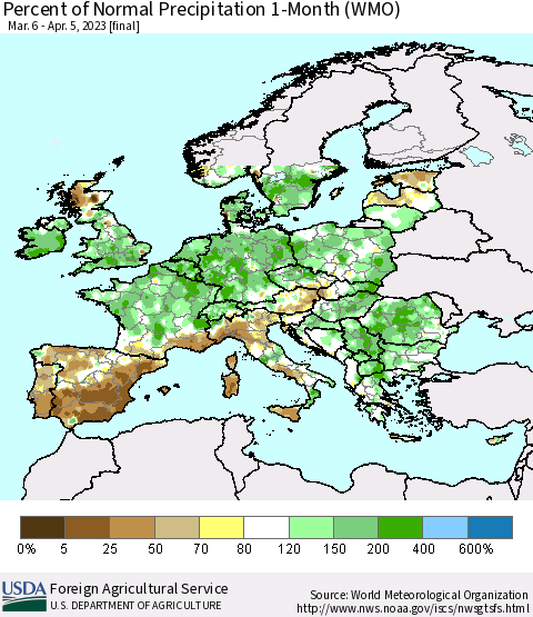 Europe Percent of Normal Precipitation 1-Month (WMO) Thematic Map For 3/6/2023 - 4/5/2023