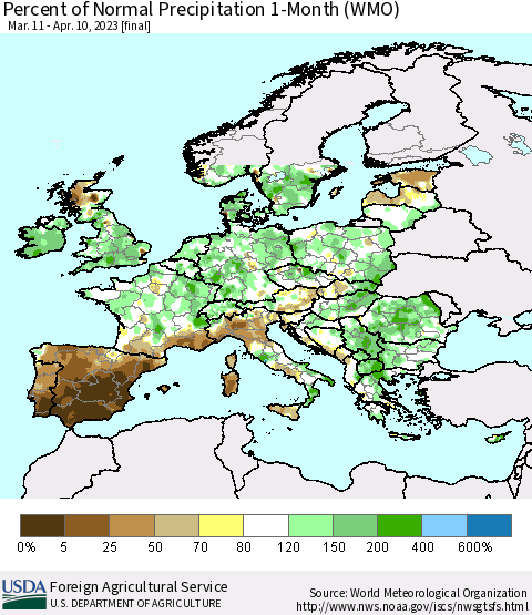 Europe Percent of Normal Precipitation 1-Month (WMO) Thematic Map For 3/11/2023 - 4/10/2023