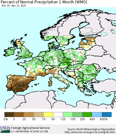 Europe Percent of Normal Precipitation 1-Month (WMO) Thematic Map For 3/16/2023 - 4/15/2023