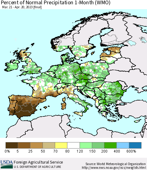 Europe Percent of Normal Precipitation 1-Month (WMO) Thematic Map For 3/21/2023 - 4/20/2023