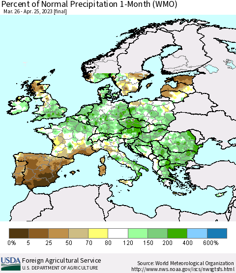 Europe Percent of Normal Precipitation 1-Month (WMO) Thematic Map For 3/26/2023 - 4/25/2023