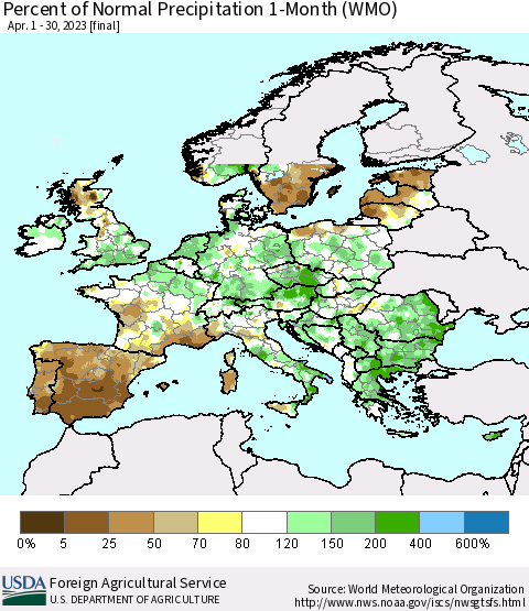 Europe Percent of Normal Precipitation 1-Month (WMO) Thematic Map For 4/1/2023 - 4/30/2023