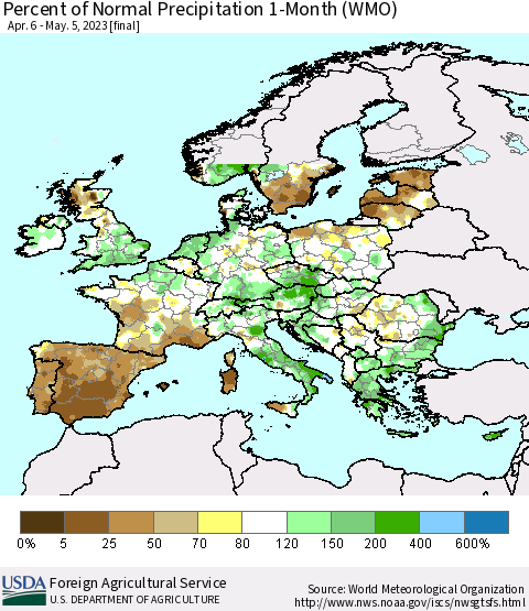 Europe Percent of Normal Precipitation 1-Month (WMO) Thematic Map For 4/6/2023 - 5/5/2023