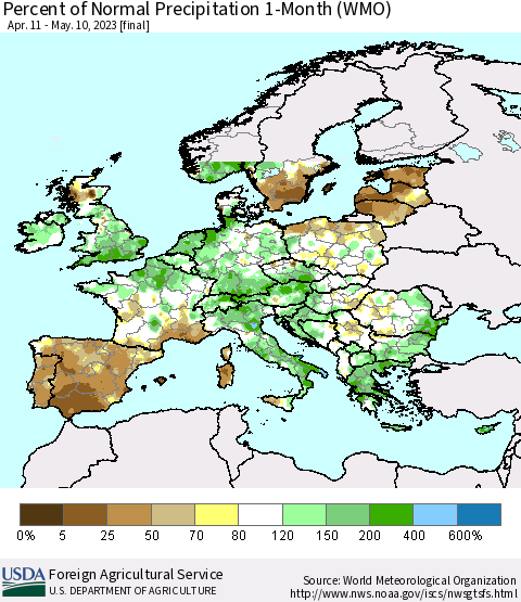 Europe Percent of Normal Precipitation 1-Month (WMO) Thematic Map For 4/11/2023 - 5/10/2023