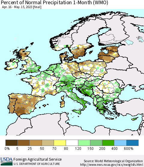 Europe Percent of Normal Precipitation 1-Month (WMO) Thematic Map For 4/16/2023 - 5/15/2023