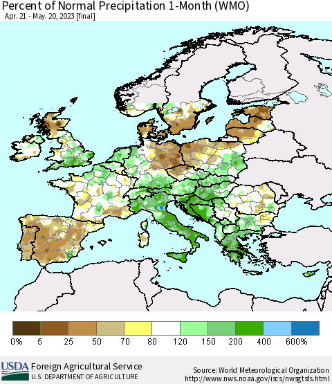 Europe Percent of Normal Precipitation 1-Month (WMO) Thematic Map For 4/21/2023 - 5/20/2023