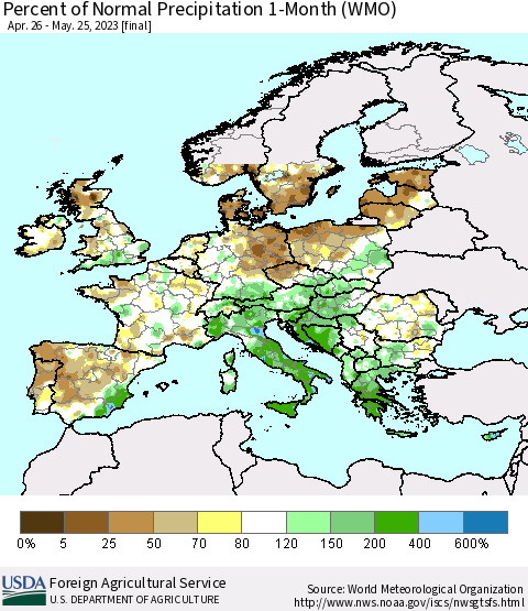 Europe Percent of Normal Precipitation 1-Month (WMO) Thematic Map For 4/26/2023 - 5/25/2023