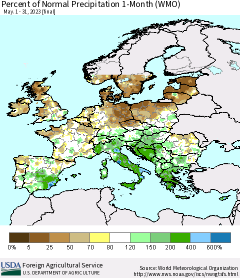 Europe Percent of Normal Precipitation 1-Month (WMO) Thematic Map For 5/1/2023 - 5/31/2023