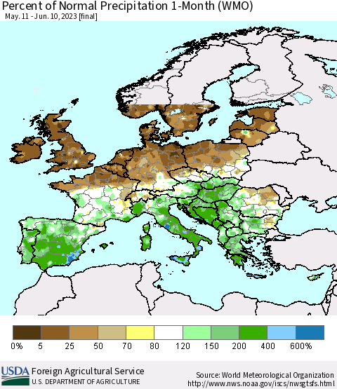 Europe Percent of Normal Precipitation 1-Month (WMO) Thematic Map For 5/11/2023 - 6/10/2023