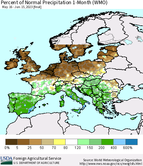 Europe Percent of Normal Precipitation 1-Month (WMO) Thematic Map For 5/16/2023 - 6/15/2023
