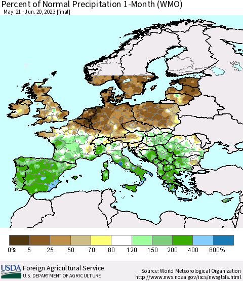 Europe Percent of Normal Precipitation 1-Month (WMO) Thematic Map For 5/21/2023 - 6/20/2023