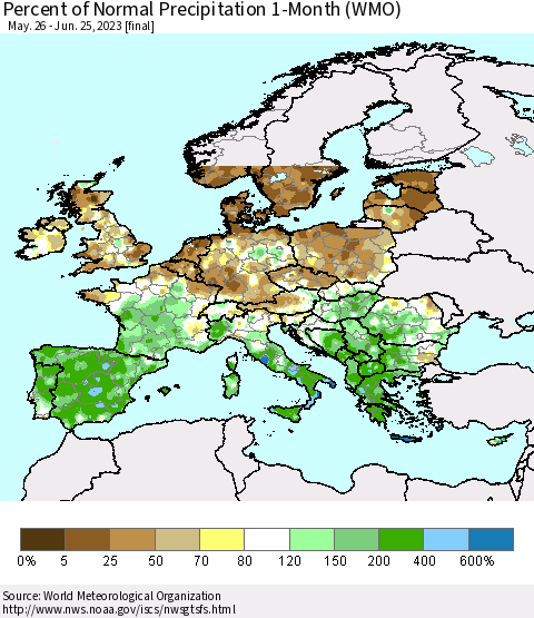 Europe Percent of Normal Precipitation 1-Month (WMO) Thematic Map For 5/26/2023 - 6/25/2023