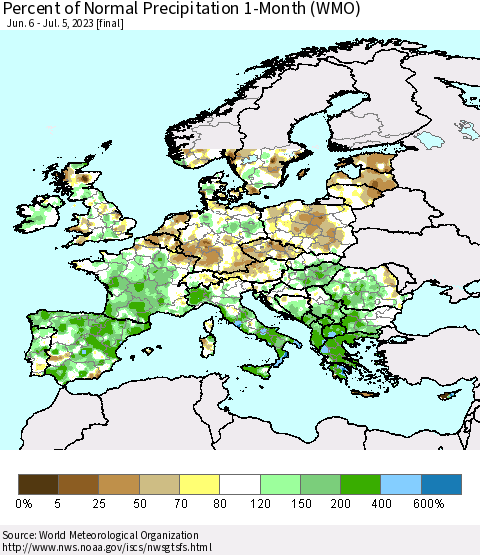 Europe Percent of Normal Precipitation 1-Month (WMO) Thematic Map For 6/6/2023 - 7/5/2023