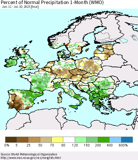 Europe Percent of Normal Precipitation 1-Month (WMO) Thematic Map For 6/11/2023 - 7/10/2023