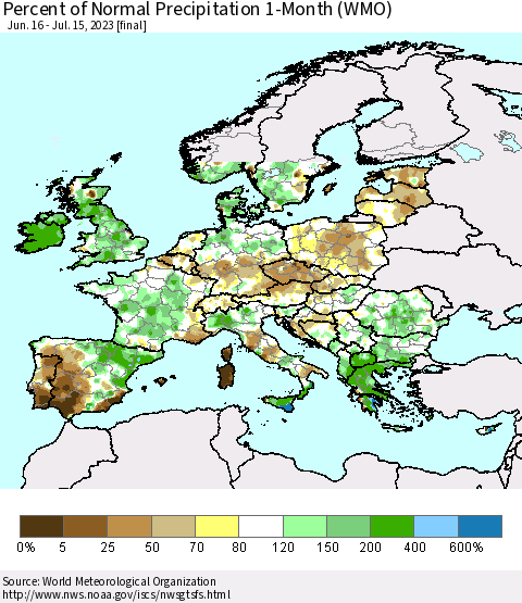 Europe Percent of Normal Precipitation 1-Month (WMO) Thematic Map For 6/16/2023 - 7/15/2023