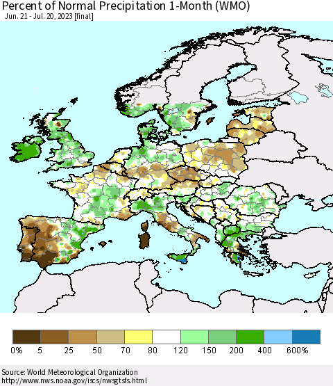 Europe Percent of Normal Precipitation 1-Month (WMO) Thematic Map For 6/21/2023 - 7/20/2023