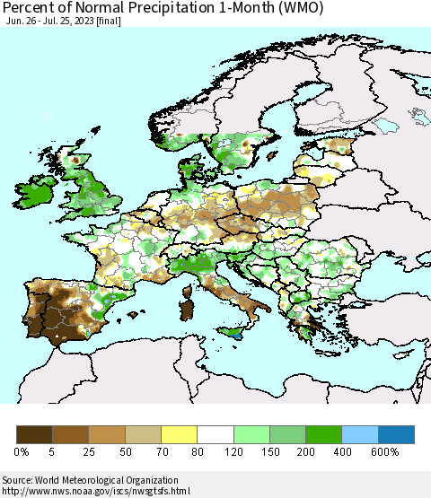 Europe Percent of Normal Precipitation 1-Month (WMO) Thematic Map For 6/26/2023 - 7/25/2023